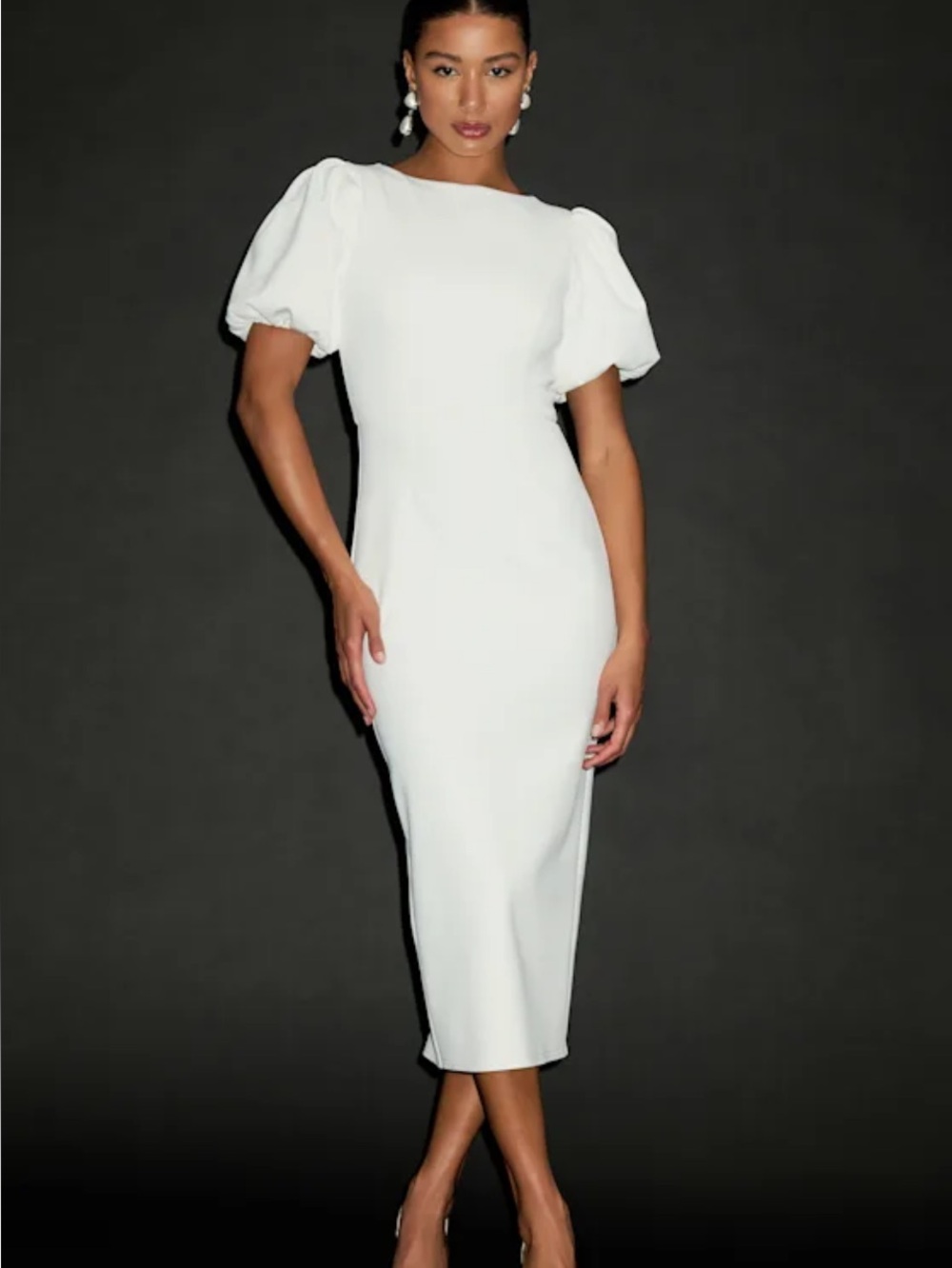 New Lulus Simply Beloved Elegant White Puff-Sleeve Midi Dress Sz Small - Picture 2 of 8